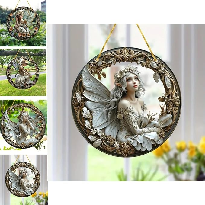 Flower Fairy Garden Decorations Angel Wing Christmas Halloween Deco Statue Art Elf Sculpture Hanging Craft for Outdoor Yard Courtyard Lawn Patio Window Acrylic Ornament Home Gift (D,S: 6*6 IN)-Ruum Studio Home