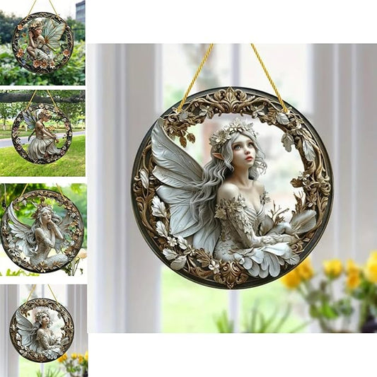 Flower Fairy Garden Decorations Angel Wing Christmas Halloween Deco Statue Art Elf Sculpture Hanging Craft for Outdoor Yard Courtyard Lawn Patio Window Acrylic Ornament Home Gift (D,L: 8*8 IN)-Ruum Studio Home