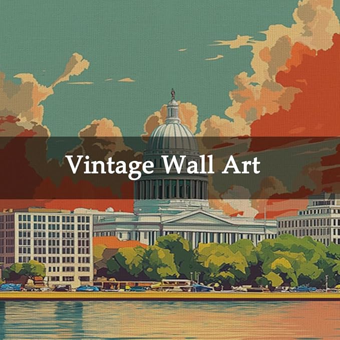 WREVERW Vintage Madison Poster Canvas Print with Wooden Hanger Frame, Featuring the Iconic Wisconsin State Capitol and Lakeside View, Wall Art for Home and Office Decor, 16x23 inches-Ruum Studio Home