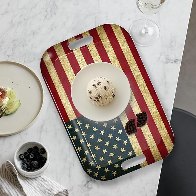Serving Trays with Handles, 14.5 x 9.8 inch Rectangular Plastic Tray for Restaurant, Kitchen, Vintage United States of America Flag-Ruum Studio Home