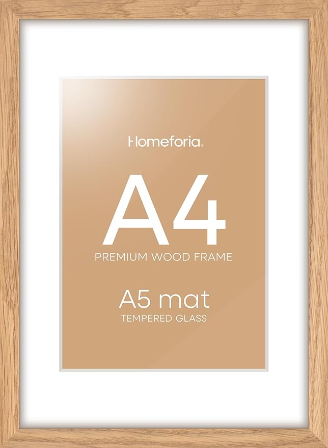 Homeforia A4 Picture Frame Wood, High-End Natural Oak 8.3 x 11.7 Wooden Poster Frames Matted to 5.8 by 8.3 inch Photo, A4 Size Light Wooden Frames with Mat A5 Print, Tempered Glass, Wall Kit, Set of 1-Ruum Studio Home