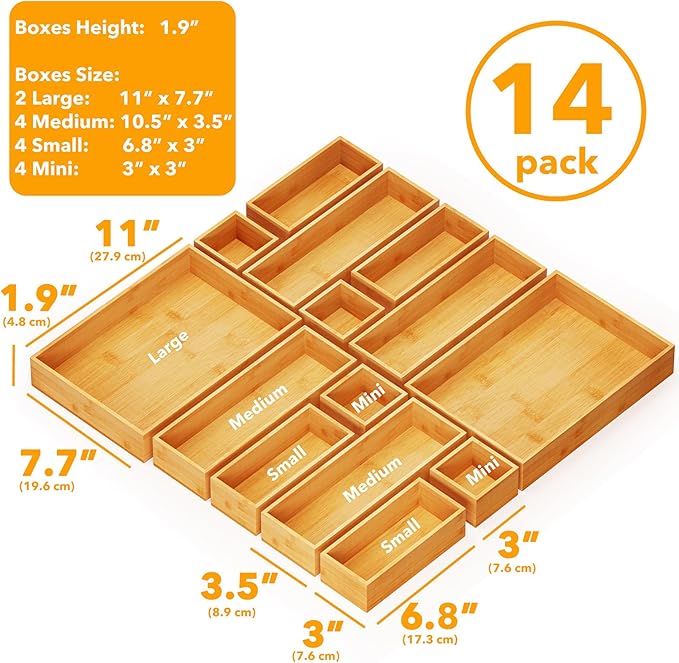 SpaceAid 14-Piece Bamboo Drawer Organizer Storage Boxes Set, Wood Tray Junk Drawer Organizers Multi-Use Divider Bins for Kitchen, Bathroom, Office Desk and Makeup Organization (14 Pack, Natural)-Ruum Studio Home