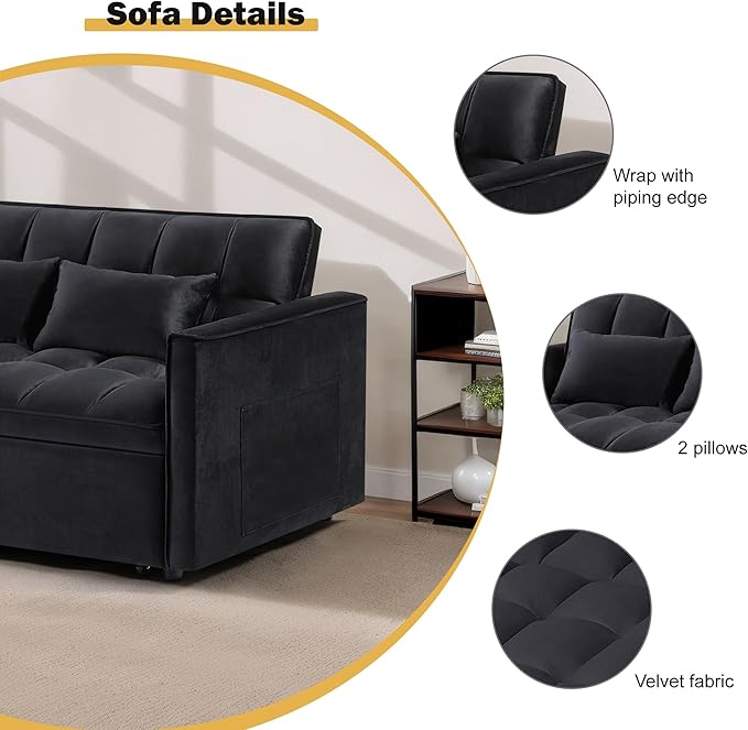 3 in 1 Convertible Sleeper Sofa Bed, Couch with Pull Out Bed with Side Pocket, Convertible Love Seat Sleepers Couch for Living Room, Bedroom, Black-Ruum Studio Home