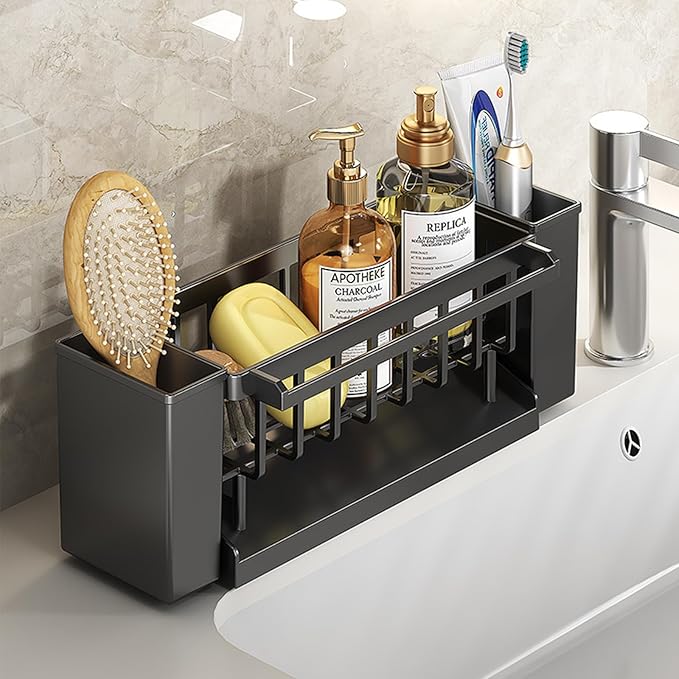 Utensil Holder, 3 Compartments Utensil Drying Rack, Dish Drainer for Kitchen Counter,Kitchen Utensils Holder with Towel Bar,Self-Draining Tray Design(Black)-Ruum Studio Home