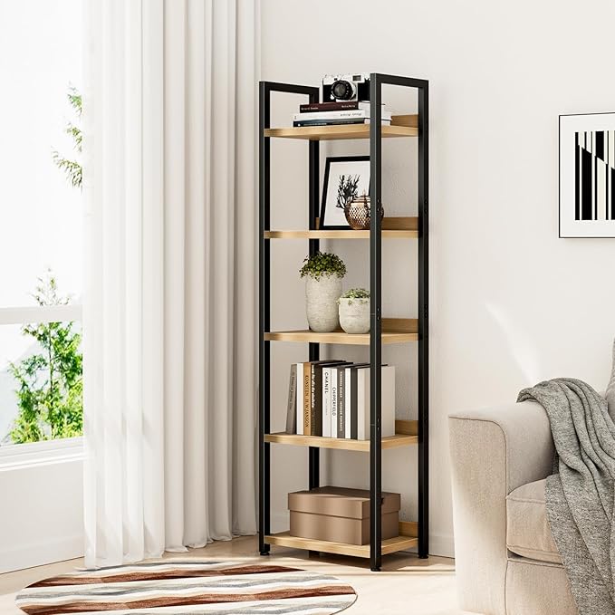 NUMENN Narrow Bookshelf, 5 Tier Bookshelves, Home Office Bookcase Shelf Storage Organizer, Free Standing Storage Shelving Unit for Bedroom, Living Room and Home Office, Natural-Ruum Studio Home