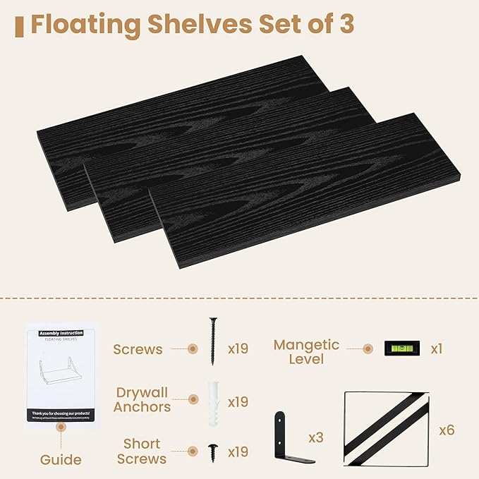 Heimlove 24 Inches Black Floating Shelves,8 Inches Deep Wall Bookshelf Mounted Display&Storage Wood Wall Shelves for Kitchen Bathroom Laundry Living Room,Set of 3-Ruum Studio Home