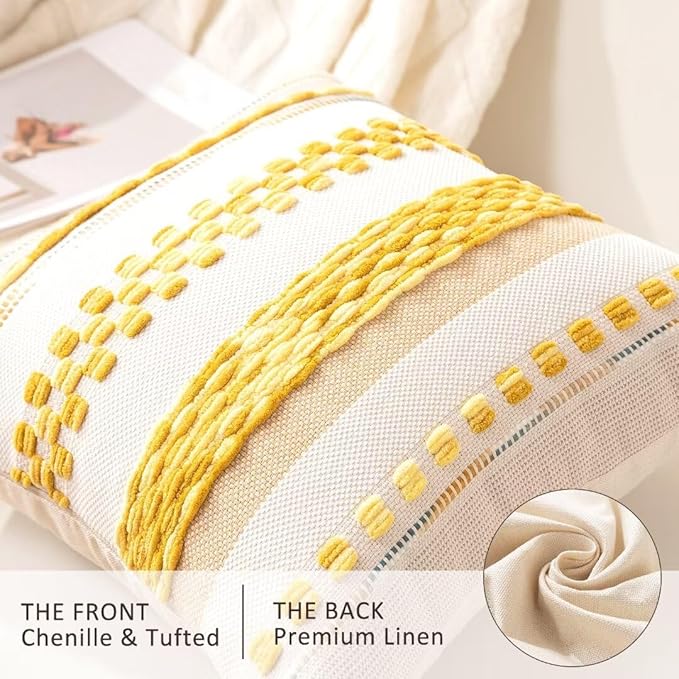 Boho Throw Pillow Covers 18x18 Set of 2 Farmhouse Decorative Cushion Case Striped Square Pillows Cover Chenille Pillow Cases Accent Neutral Pillowcase for Sofa Couch Bed,Yellow-Ruum Studio Home