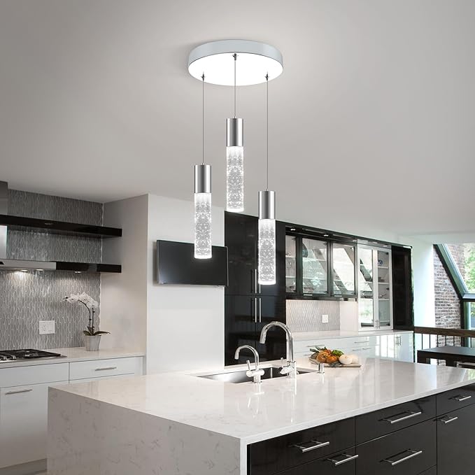 OKELI Dimmable LED 3-Light Pendant Light for Kitchen Island, 18W 1350LM Modern Bubble Crystal Island Light Fixture,6000K, Electro-Chrome, Easy Installation, Round-Ruum Studio Home