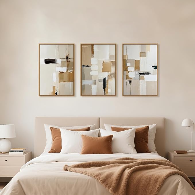 Large Abstract Beige Framed Canvas Wall Art Set, Neutral Textures Wall Decor, Warm Minimalist Shapes Wall Painting, Modern Neutral Art Prints for Living Room, Bedroom, Office - 16"X24"X3-Ruum Studio Home