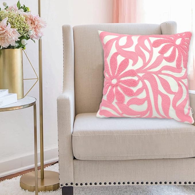Alysheer Farmhouse Floral Leaves Embroidered Decorative Throw Pillow Cover 18x18 inches, Boho Tufted Flowers Embroidery Pattern Chic Cotton Cushion Case for Couch Bed Sofa Living Room(Light Pink)-Ruum Studio Home