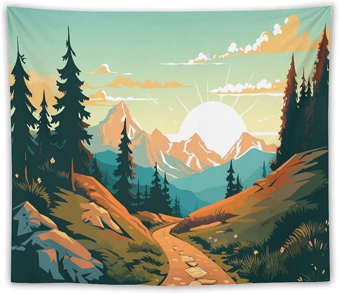 HZOHNAGO Mountain Tapestry Forest Mountain Sunrise Road Pattern Printed Wall Tapestry Wall Hanging for Bedroom Living Room Dorm 60" W x 50" H-Ruum Studio Home