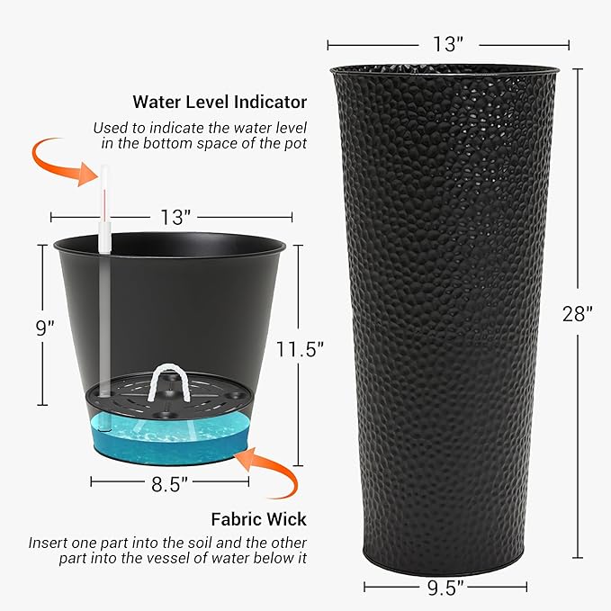 Worth Garden 2-Pack 28" H. Metal Planter with 2X Inside Pots - Hand-Hammered Texture Tall Narrow Tapered Plant Pots - Large Handcrafted Flower Pot for Indoor Outdoor, Deck, Patio, Front Porch (Black)-Ruum Studio Home