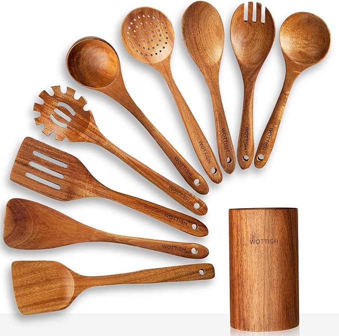 Wooden Spoons for Cooking,Wooden Cooking Utensil Set,10-Piece Wooden Kitchen Utensil Set with Wooden Spoons(A10)-Ruum Studio Home