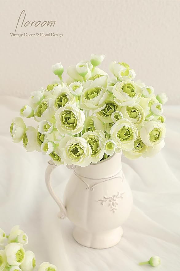 Floroom Ranunculus Artificial Flowers 18 Pcs Green Faux Silk Mini Ranunculus Bulk Fake Wedding Filler Flowers for DIY Bouquets, Centerpieces, Bridal Shower Decorations & Arrangements-Ruum Studio Home