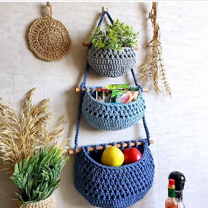 Hanging Fruit Basket, 3 Tier Cotton Macrame Produce Basket for Kitchen, Indoor Planter Hangers.-Ruum Studio Home