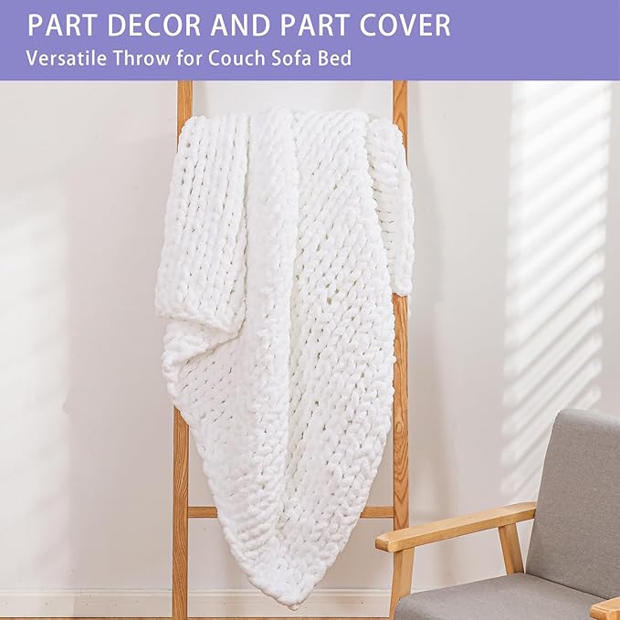 Bigacogo Chunky Knit Throw Blanket for Couch, 40x60 inches, 100% Hand Knitted with Thick Jumbo Chenille Yarn, Cozy Soft Large Rope Knot Cable Crochet Blankets for Sofa Bed Living Room, White-Ruum Studio Home