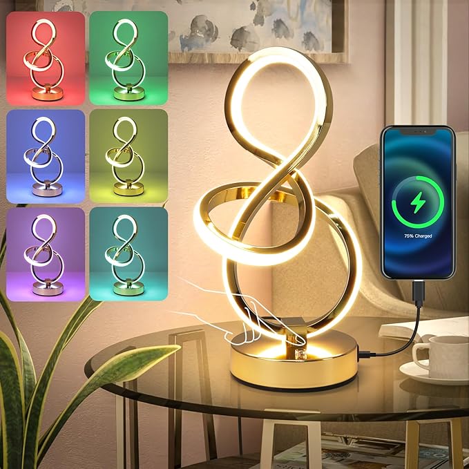 Modern Spiral Table Lamp, 7 Colors 10 Light Modes LED Nightstand Small Lamp with USB C+A Ports, Touch Dimmable Lamps for Living Room Bedroom Bedside, Unique & Cool Lamps,Gold-Ruum Studio Home