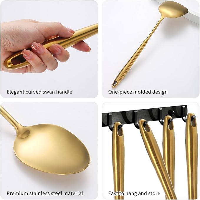 304 Stainlss Steel Matte Kitchen Utensils Set, 12 Pcs Long Metal Cooking Utensil Gadgets Tools Set with Spatula, Ladle, Spoon, Ladle, Skimmer, Tunner, Pasta Server, Tongs(Gold, Dishwasher Safe)-Ruum Studio Home