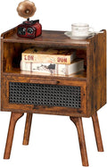 Lerliuo Rattan Nightstand, Boho Side Table with Drawer Open Shelf, Cane Accent Bedside End Table with Solid Wood Legs for Bedroom, Dorm and Small Spaces (Brown)-Ruum Studio Home