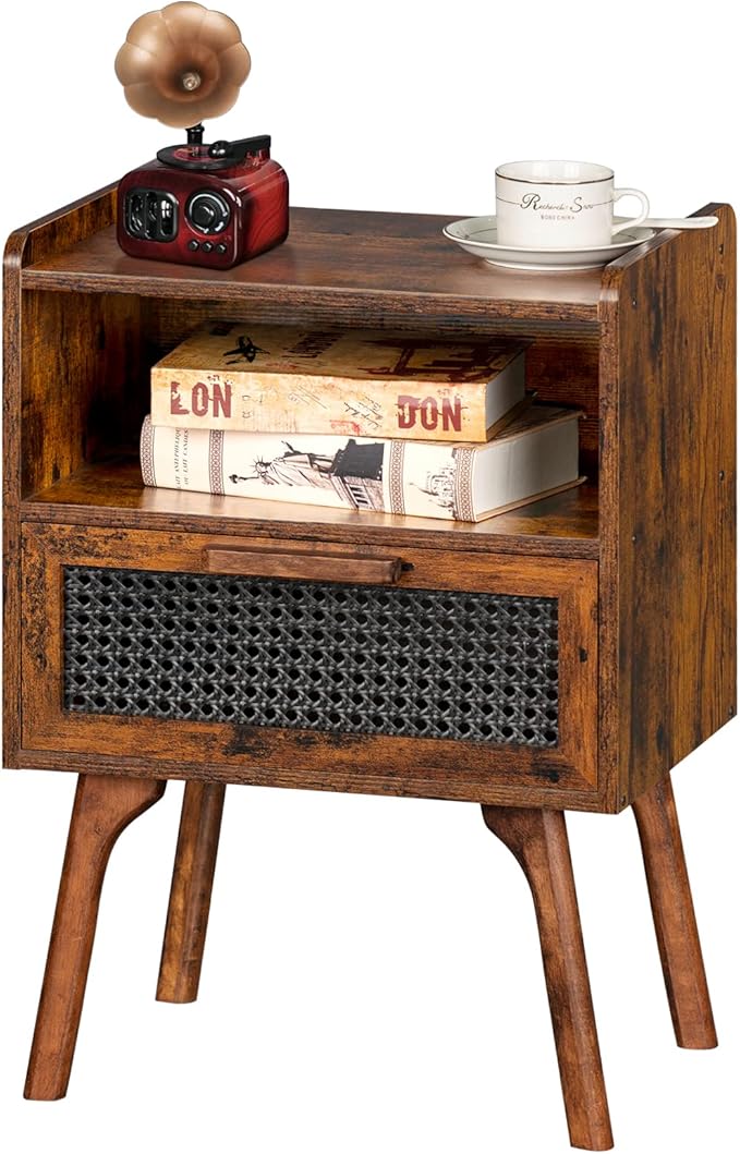 Lerliuo Rattan Nightstand, Boho Side Table with Drawer Open Shelf, Cane Accent Bedside End Table with Solid Wood Legs for Bedroom, Dorm and Small Spaces (Brown)-Ruum Studio Home