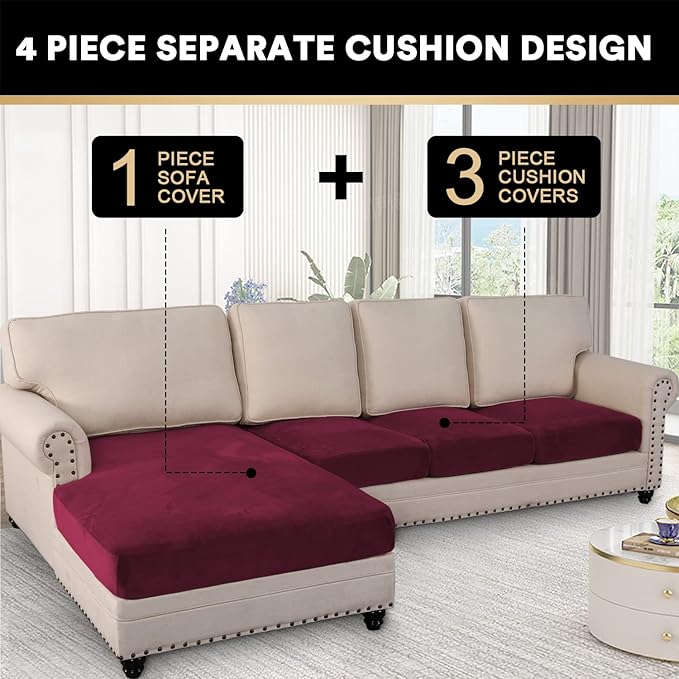 PrinceDeco Velvet Couch Covers - 4 Piece Set for Sectional Sofa (3 Seater + 1 Chaise, Burgundy)-Ruum Studio Home