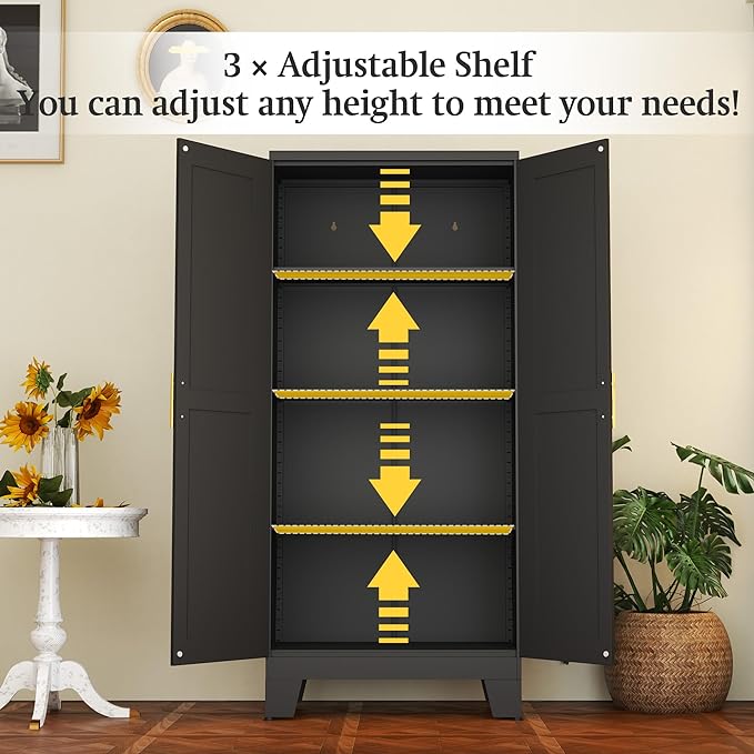 Black Metal Storage Cabinet, 61" Steel Cabinets for Home Office, Kitchen Pantry Storage Cabinet with Doors and 3 Adjustable Shelves, Metal Tool Cabinet, for Office, Home, Garage, School-Ruum Studio Home
