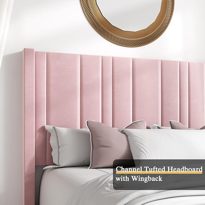 HOMBCK Pink Full Size Bed Frame Upholstered Bed with Velvet Tufted Headboard & Footboard, Mattress Foundation/Wooden Slats/Noise Free/No Box Spring Needed/Easy Assembly-Ruum Studio Home