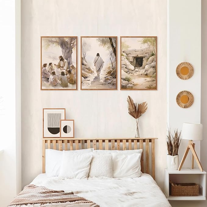 Aurlan Jesus Teaching Children Jesus on Path Framed Empty Tomb Bible Stories Wall Art(16"x24"), 3PCS Boho Christian Easter Scripture Gifts Canvas Artwork, Large Spiritual Religious Faith Decor Prints for Office Home-Ruum Studio Home