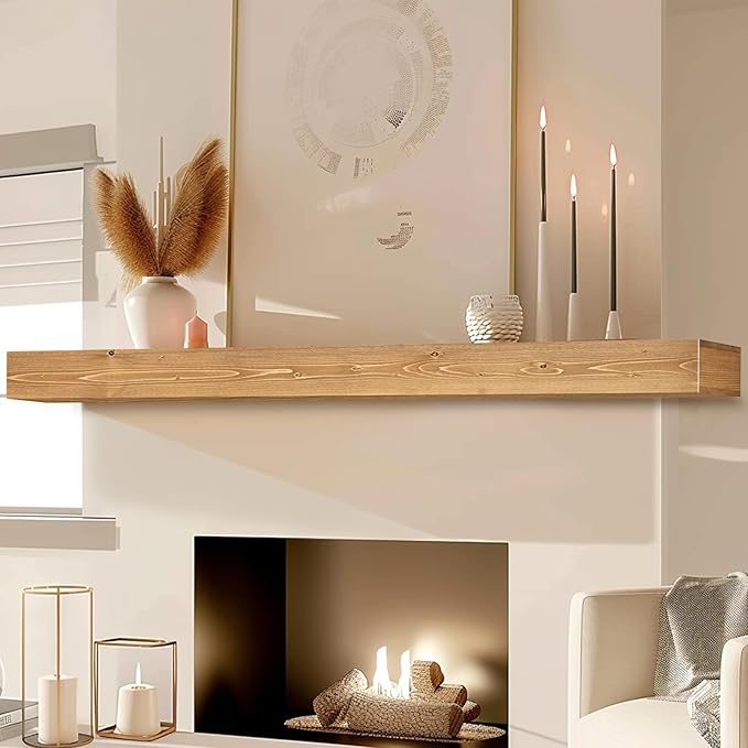 72x8x3 Fireplace Mantel - Handcrafted Hollow Rustic Solid Wood Wall Mounted Floating Shelf with Invisible Heavy Duty Wood Bracket (Natural Wood)-Ruum Studio Home