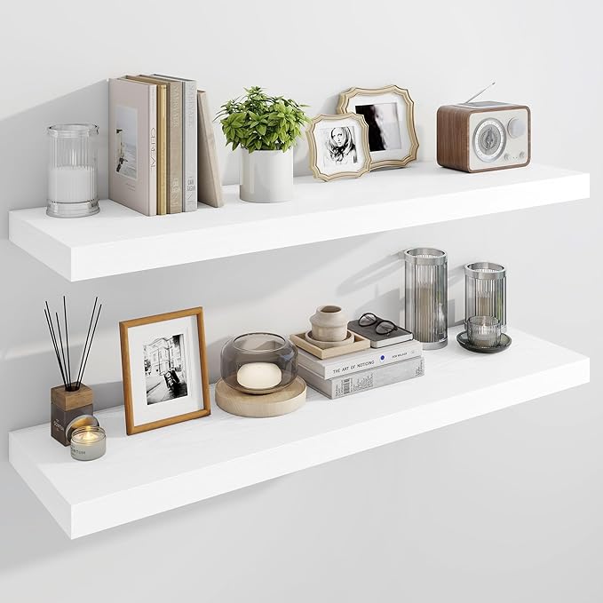 Marsmiles 39" Floating Shelves for Wall, Wooden Shelves with Invisible Brackets Set of 2, Rustic Farmhouse Wall Mounted Shelf for Kitchen Bathroom Living Room Study, White-Ruum Studio Home