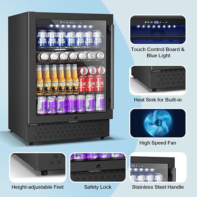 24 Inch Beverage Refrigerator, 5.2 Cu. Ft. Drink Refrigerator with Glass Door, 200 Cans Under Counter & Freestanding Drink Fridge, Reversible Door, Built-In Beverage Cooler for Kitchen, Bar or Office.-Ruum Studio Home
