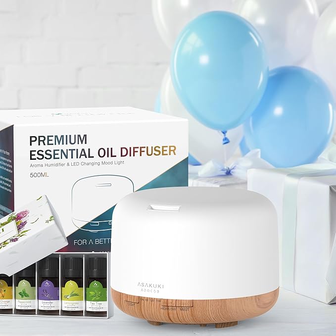 ASAKUKI Oil Diffuser with Essential Oils Set, 500ml Aromatherapy Humidifier with 14 LED Colors & Auto Shut-Off - 6 Oil Gift Pack(Lavender Eucalyptus Tea Tree Orange Peppermint Lemongrass)-Ruum Studio Home