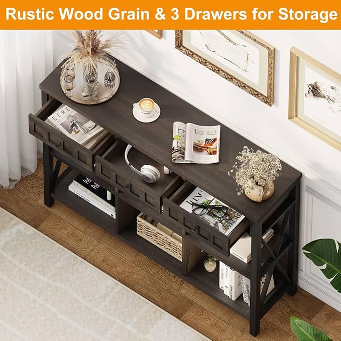 FATORRI Rustic 6 Cube Storage Organizer Bookshelf with 3 Drawers, Short Low Horizontal Bookshelf for Living Room, Industrial Wood and Metal Cubby Bookcase for Home Office (Walnut Brown, 47 Inch)-Ruum Studio Home