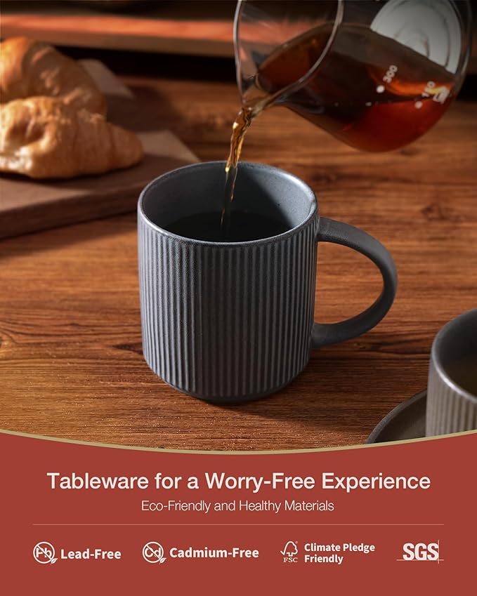 famiware Coffee Mug Set for 6, Star 12 oz Catering Mugs Cup Set with Handle for Coffee, Tea, Cocoa, Milk - Ceramic Stoneware Drinkware Set, Matte Dark Charcoal-Ruum Studio Home