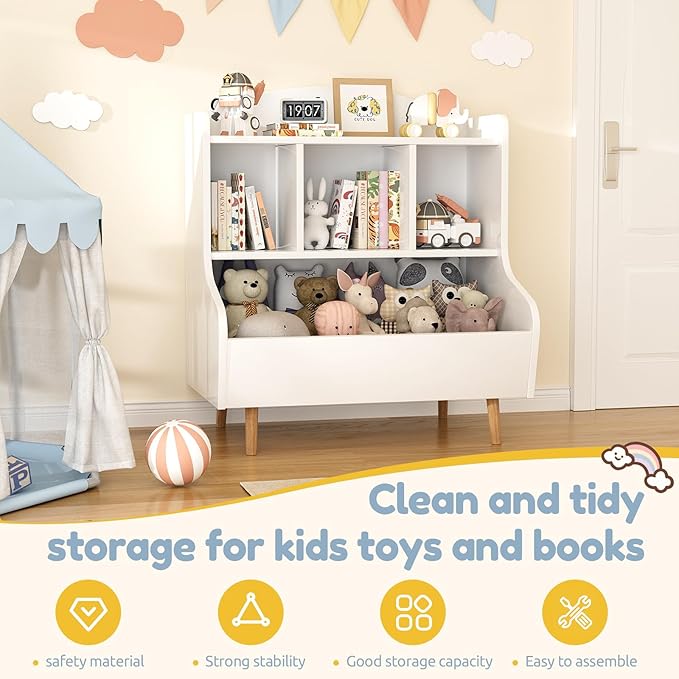 Toy Storage Organizer, 3 Tier Floor Standing Toddler Bookshelf with Legs, 5 Cube Kids Bookshelf and Toy Storage, Book Shelf for Kids Room, Living Room, Nursery, White-Ruum Studio Home
