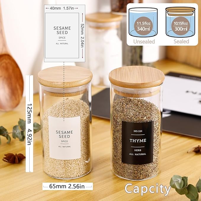 12 Pcs Glass Spice Jars With 296 Spice Labels Preprinted of White and Black Color- 10oz Thicken(2.4mm) Spice Containers With Bamboo Airtight Lids - Empty Small Herb Seasoning Jars-Ruum Studio Home