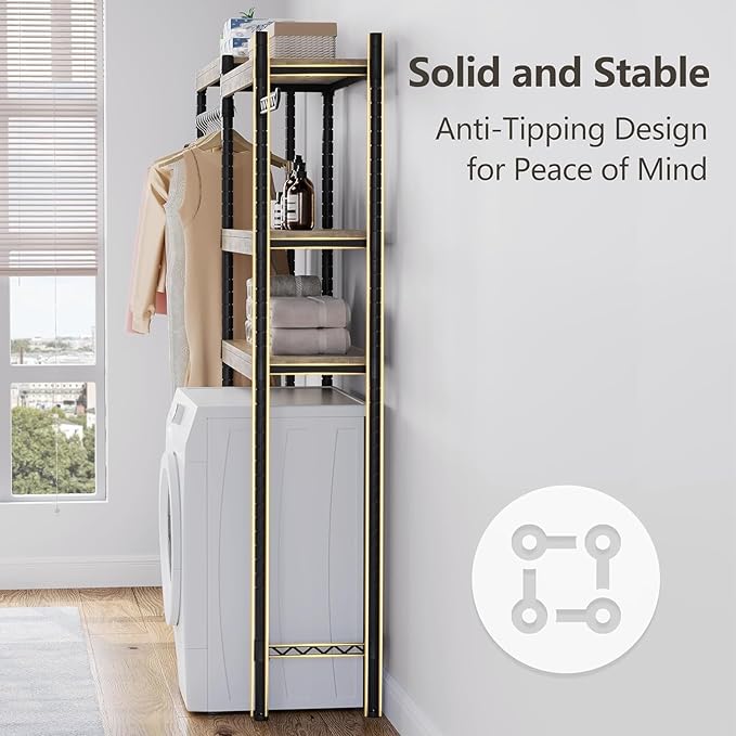 CABIHOME 5-Tier Over-The-Washer Shelf - Adjustable Height Laundry Organizer Space Saver, Double-Layer 100lb Shelves, 2 Hooks for Bathroom/Balcony (Grey & Black)-Ruum Studio Home