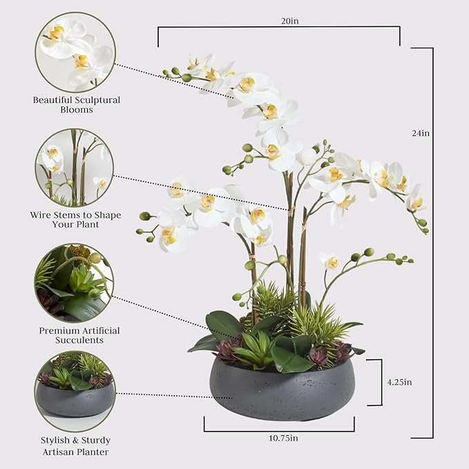 Faux Orchid Plant w/Succulents, Premium Artificial Indoor Flower Display Stands 24” w/Beautiful Sculptural Blooms and Succulents That Lasts Forever, Grey Planter Pot Included-Ruum Studio Home