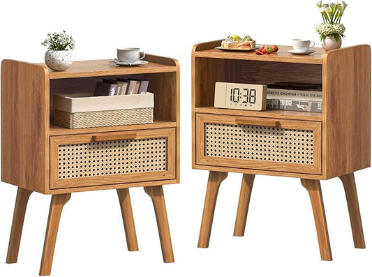 Lerliuo Rattan Nightstands Set of 2, Side Table with Drawer, Cane Accent Bedside End Table with Solid Wood Legs, Mid Century Modern Night Stand for Bedroom, Dorm and Small Spaces (Tea Brown)-Ruum Studio Home