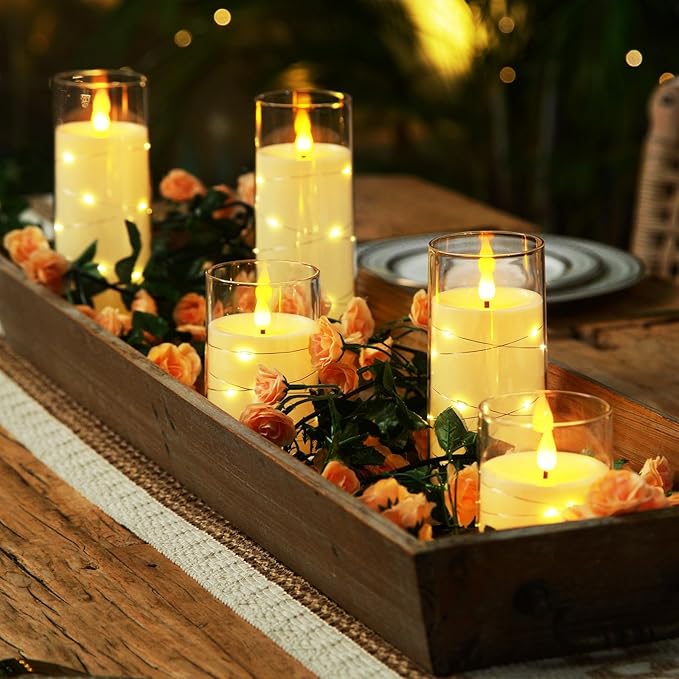 Homemory 9 Pcs Flameless Candles with Embedded Star String Fairy Lights, Battery Operated Candles, LED Candle, Fake Candles with Remote Control and Timer (Ivory)-Ruum Studio Home
