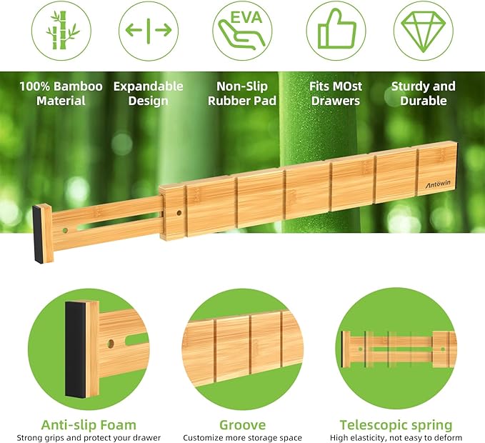 ANTOWIN 4 Pack Expandable Drawer Dividers, 2.2'' High, Extend from 17'' to 22'', Dresser Drawer Organizers, Bamboo Separators for Kitchen, Bedroom, Office, Bathroom, with 12 Pack Divider Inserts-Ruum Studio Home