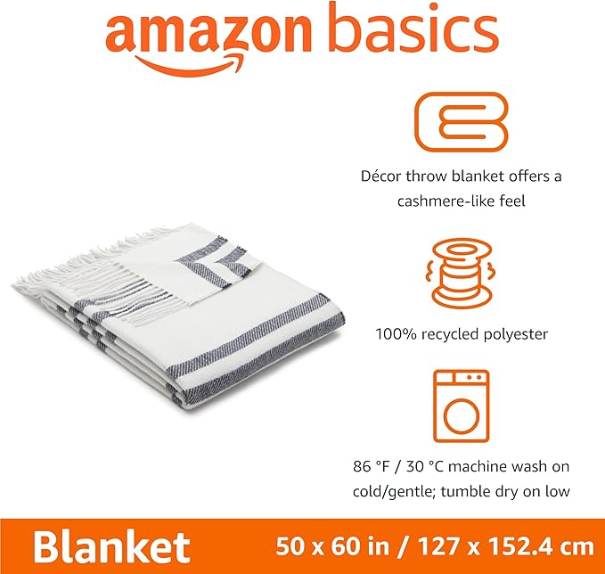 Amazon Basics Room Décor Throw Blanket, Lightweight and Cozy in Recycled Polyester, Light Grey With Blue Stripes, 50"x 60"-Ruum Studio Home