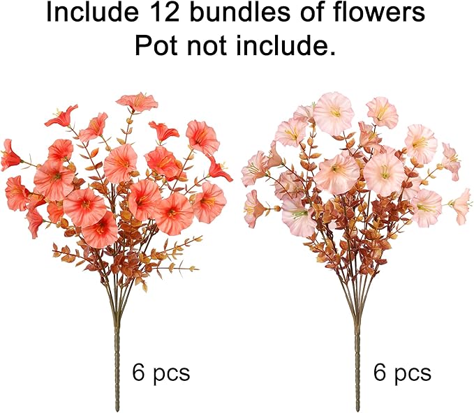 Artificial Mums for Outdoors Fake Fall Flowers Plants for Autumn Decoration, 12 Bundles Silk Morning Glory with Eucalyptus Look Real UV Resistant Faux Mums for Outside Planters Yard Patio Porch, Mix-Ruum Studio Home