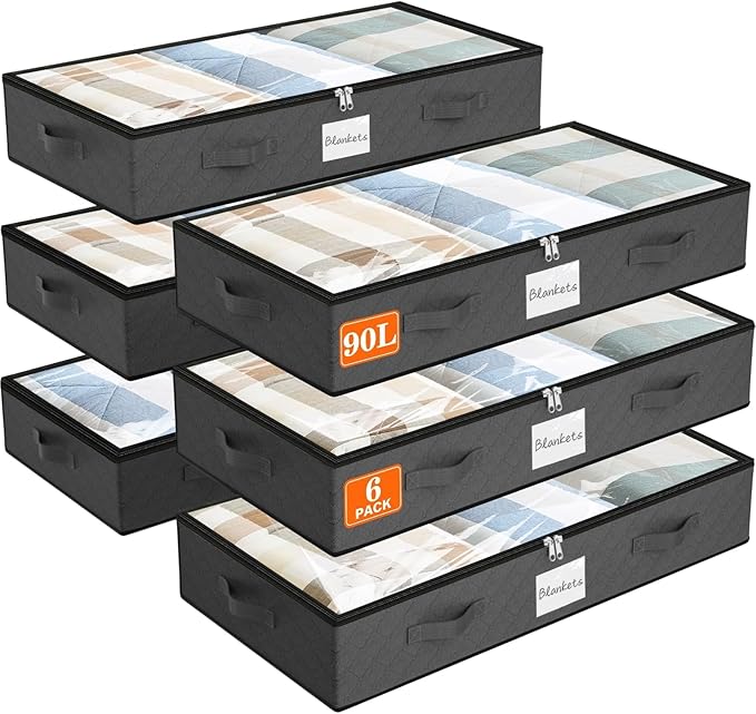 SpaceWhisper 90L Under Bed Storage Containers, 6-Pack Storage Bins with Clear Top, Foldable Closet Organizers and Storage with Label Holder for Clothing, Blankets, Comforter & Pillows (Grey)-Ruum Studio Home