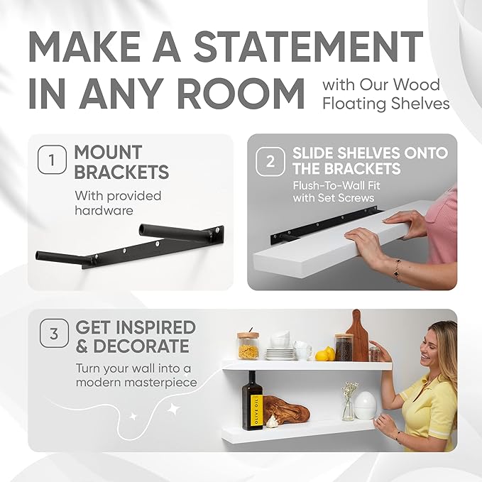 Homeforia White Floating Shelves 36 inch, High End Solid Real Wood 36inch Floating Shelf for Wall Mounted, White Wooden 36in Long Floating Shelves, Heavy Duty Bracket, 36 X 6.5 X 1.75 inches, Set of 2-Ruum Studio Home
