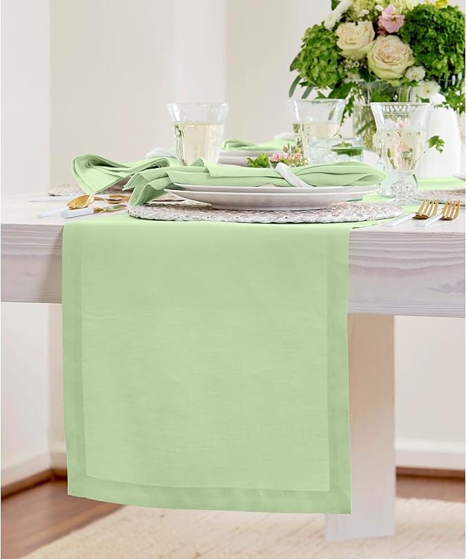 Solino Home Linen Pastel Green Table Runner 60 Inches - 100% Pure Linen Farmhouse Short Table Runner 14 x 60 Inch Ideal for Dresser and Coffee Tables - Fete-Ruum Studio Home