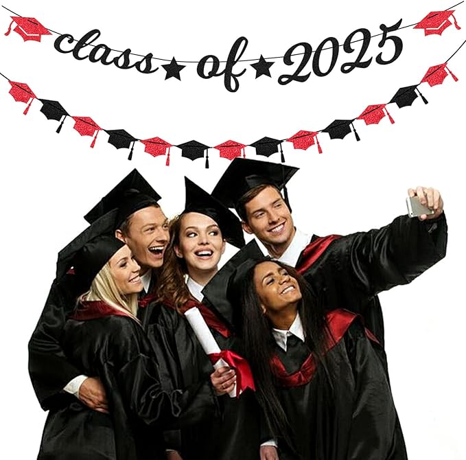 Red Black Party-Decoration Graduation Banner - 14pcs Kits Cap Garland Streamers, Paper Tissue Pom Poms Flowers Fans Honeycomb,Class Of 2025 College High School Grad Decor Hugfond-Ruum Studio Home
