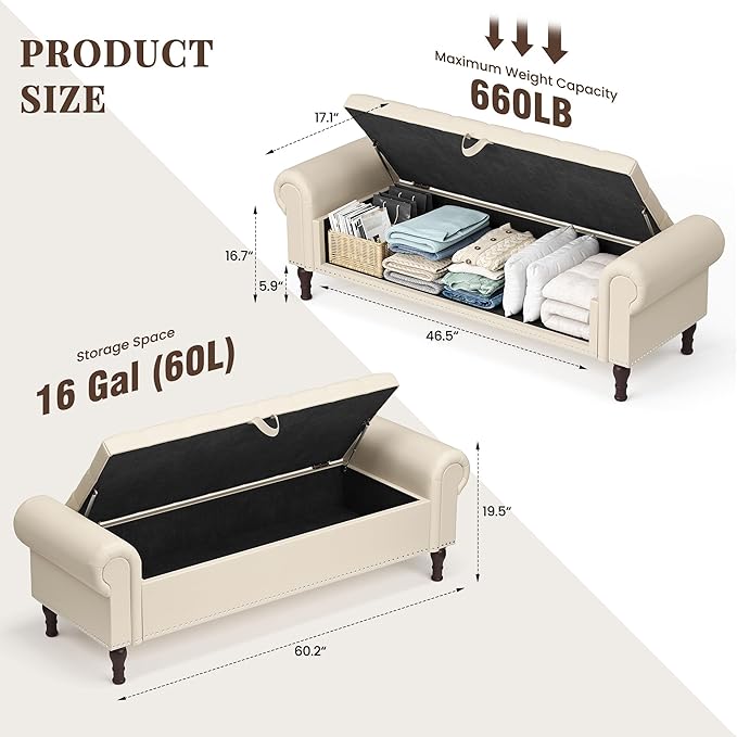 Storage Ottoman Bench for Bedroom, 60" Upholstered Bedroom Bench with Rolled Arms and Vintage Rivets, Large Storage Chest for Living Room, Bedroom, Entryway, Beige-Ruum Studio Home