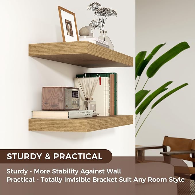 Floating Shelves for Wall, 2 Large Wall Mounted Shelves with Invisible Brackets, Long Wood Floating Wall Shelf Shelves for Living Room, Bedroom, Kitchen, (Oak, 24" W x 9" D x 1.5" H)-Ruum Studio Home