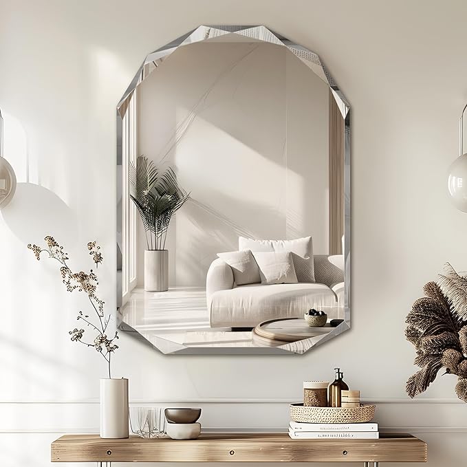Bathroom Mirror for Wall, 30" x 40" Arched Mirror, Bathroom Vanity Mirrors, Beveled Edge Frameless Wall Mount Vanity Mirror, Wall Mirror Decorative, Irregular Beveled Edge Mirror-Ruum Studio Home